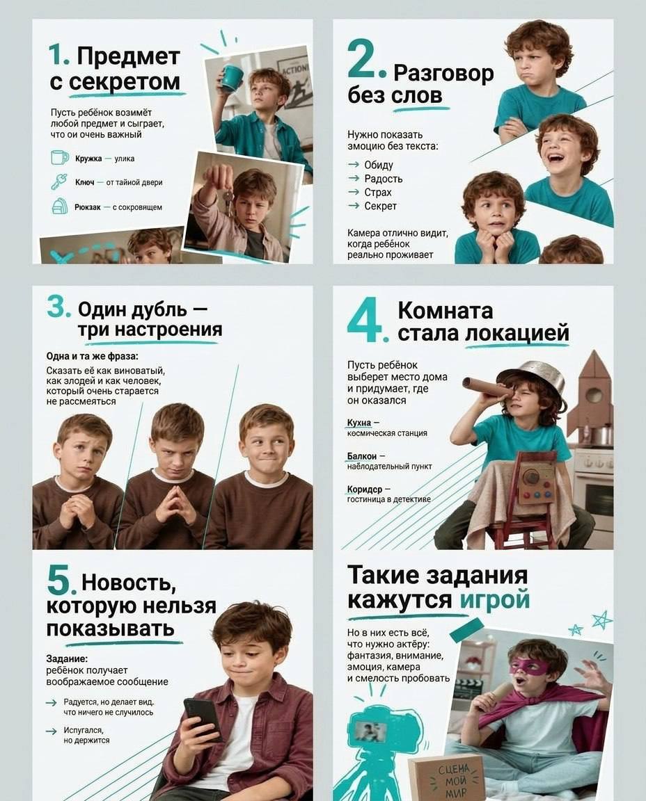 ✅Если ваш ребёнок начинающий актёр, и сейчас, летом, ему скучно без занятий, предложите ему эти ПЯТЬ ИГР на развитие всего того, что нужно актеру👌